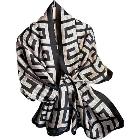 Black Beige Silky Scarf Long Lightweight Dressy Wrap Soft Fashion Shawl Gift - Picture 7 of 7